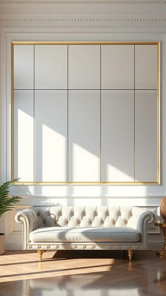 23+ Creative Above Sofa Wall Decor Ideas to Transform Your Space 7 A stylish living room with a light-colored sofa and mirrored wall panels framed in gold.