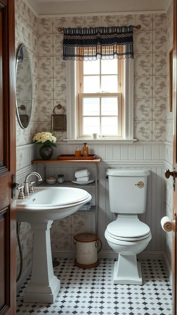 25+ Chic White Bathroom Ideas for a Timeless Look 7 A small bathroom featuring classic white fixtures including a pedestal sink and toilet, complemented by patterned wallpaper and decorative elements.