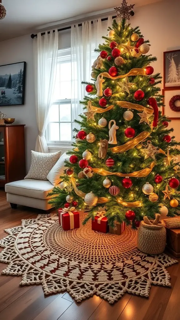 29+ Stunning Crochet Christmas Tree Ideas to Brighten Your Holiday Decor 9 A beautifully decorated Christmas tree with a rustic crochet tree skirt underneath.