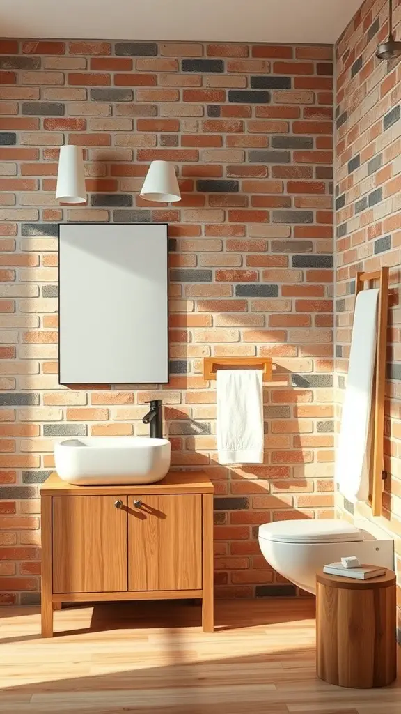 23+ Stunning Bathroom Brick Wall Accent Ideas You Need to Try 6 A bathroom featuring a brick wall and wooden accents, showcasing a blend of rustic and modern design.