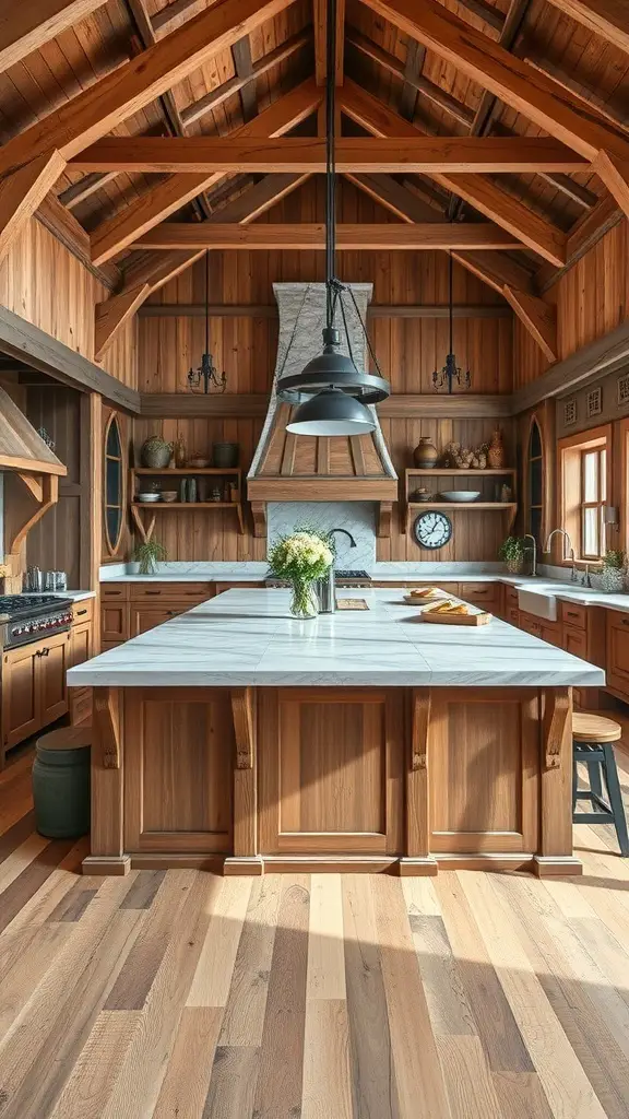 29+ Stunning Barndominium Kitchen Ideas You’ll Love 6 A spacious farmhouse kitchen with a large marble island and wooden cabinetry