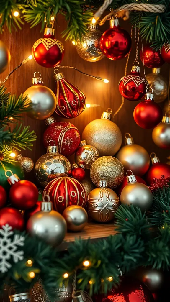 A collection of vintage Christmas ornaments in red, gold, and silver, displayed with green garlands and lights.