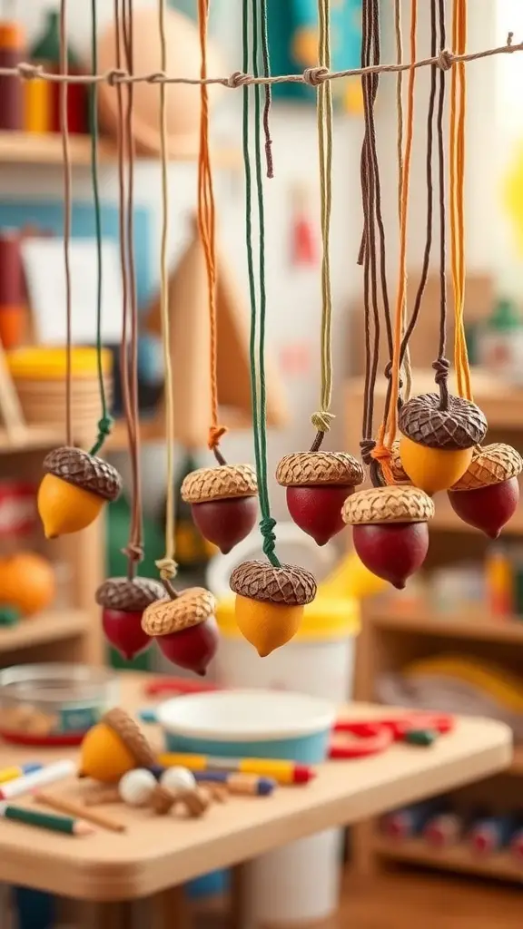 25+ Fun Thanksgiving Crafts for Toddlers to Create Together 11 Colorful acorn necklaces hanging on a string, surrounded by crafting supplies.