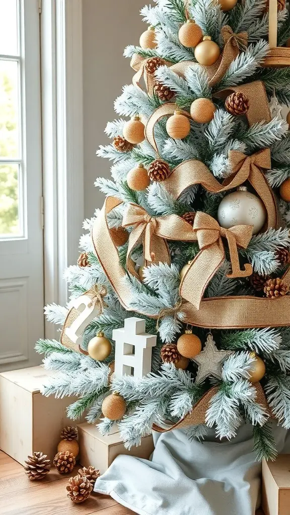 A beautifully decorated white Christmas tree with golden ornaments, burlap ribbons, and pinecones.