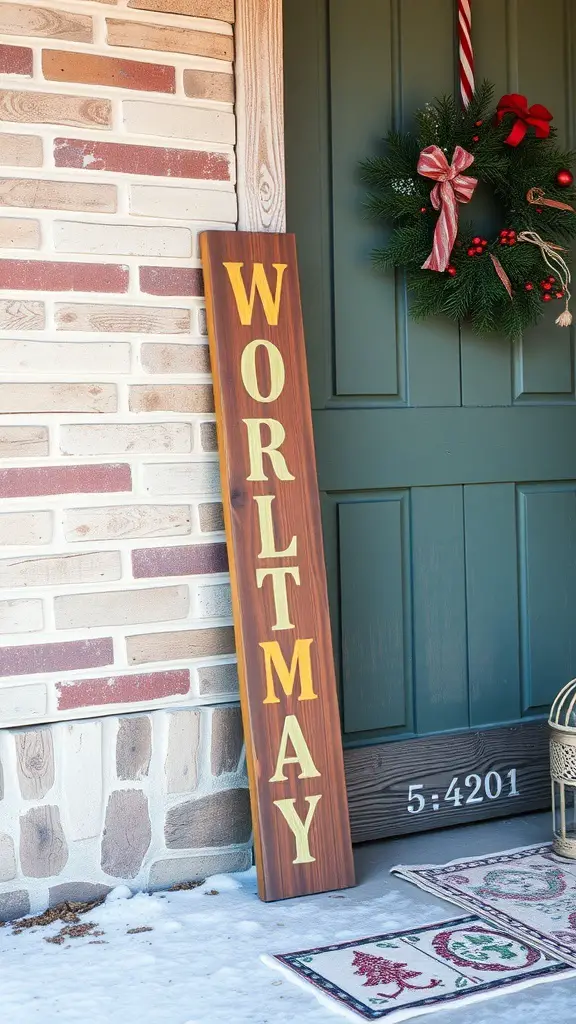 29+ Creative Christmas Doorway Decorations to Brighten Your Holiday Season 11 A vintage wooden Christmas sign leaning against a green door, with a festive wreath above it.