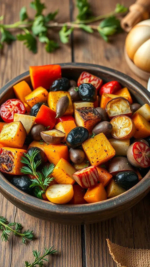 31+ Delightful Christmas Eve Food Ideas for a Festive Celebration 3 A bowl of colorful roasted vegetables including butternut squash, bell peppers, and cherry tomatoes.