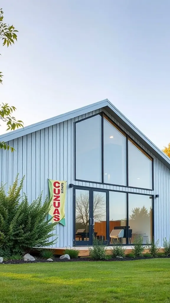 27+ Stunning Barndominium Exterior Ideas to Inspire Your Dream Home 7 A modern barndominium with a metal facade and large windows, surrounded by greenery.