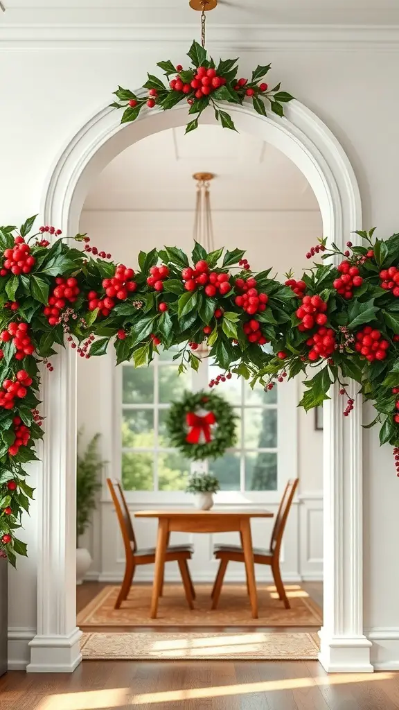 Colorful holiday garland with red berries and green leaves adorning a doorway