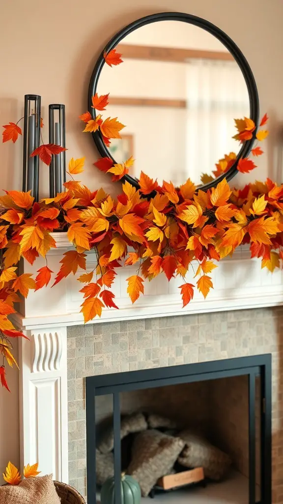 25+ Fun Thanksgiving Crafts for Kids to Make Together 8 A beautiful fall leaf garland displayed on a mantel with a mirror in the background.