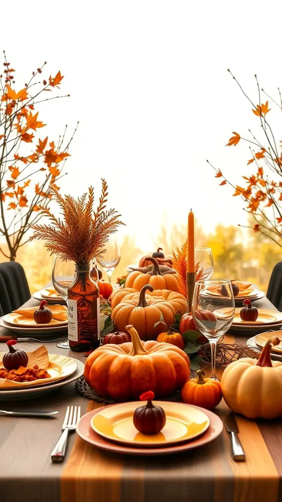 A beautifully arranged Friendsgiving table with pumpkins, autumn leaves, and warm colors.