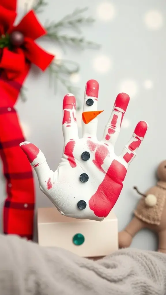 A handprint art piece resembling a snowman with red and white paint, featuring a carrot nose and black buttons.