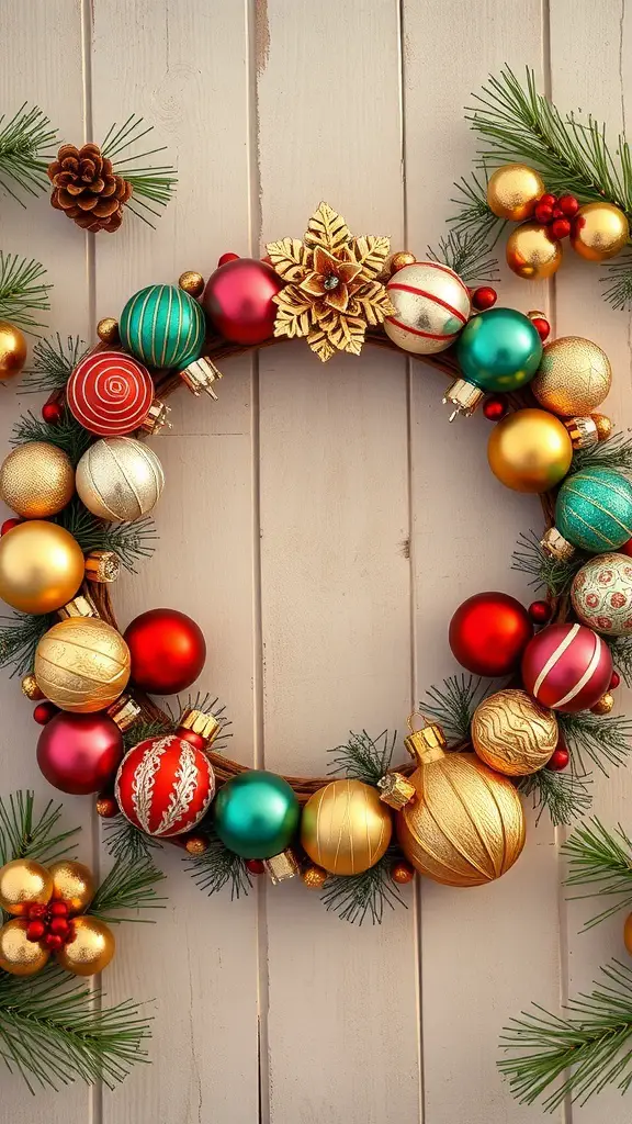 A vintage ornament wreath featuring colorful ornaments, pine branches, and a golden snowflake.