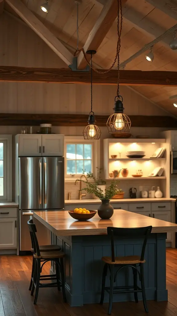 29+ Stunning Barndominium Kitchen Ideas You’ll Love 11 A cozy barndominium kitchen featuring rustic pendant lights above a wooden island.