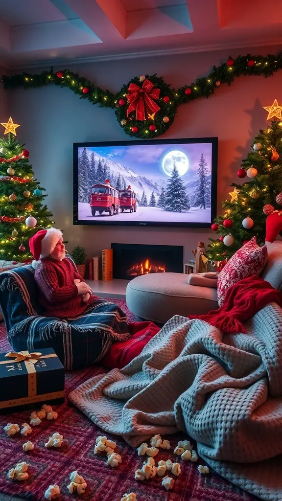 29+ Creative Christmas Stocking Ideas to Delight Everyone 16 A cozy Christmas movie night setup with a TV displaying a holiday scene, decorated trees, and comfy seating.