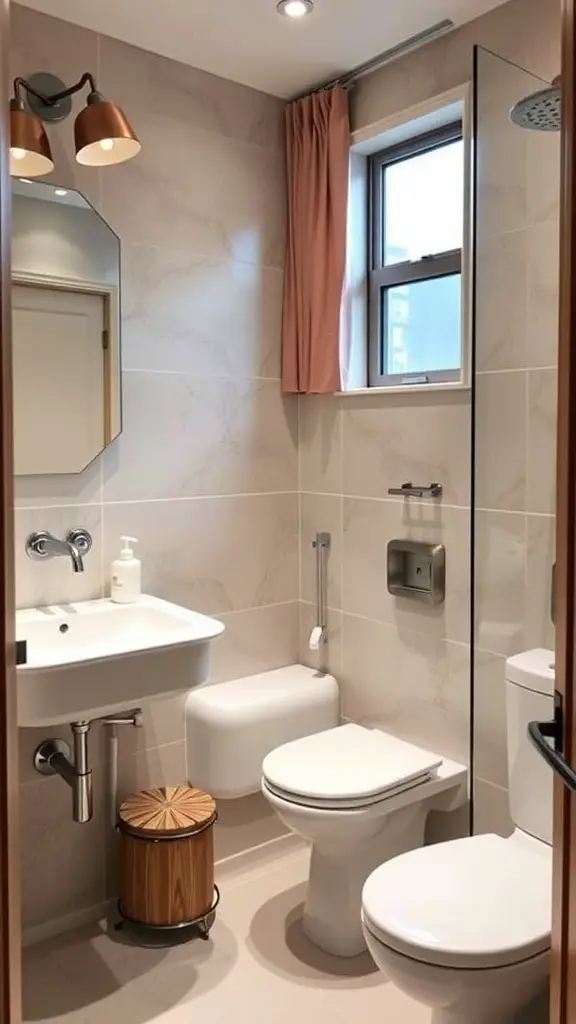 29+ Stunning Guest Bathroom Ideas to Elevate Your Space 12 A compact and stylish guest bathroom featuring a sink, toilet, and natural light.