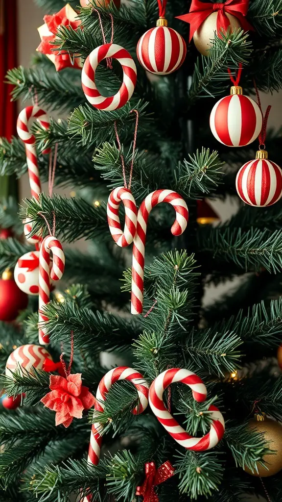 A Christmas tree decorated with vintage peppermint striped ornaments and candy canes.