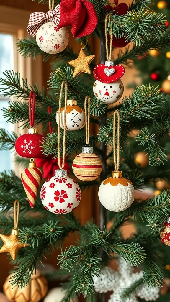 Colorful handmade ornaments hanging on a Christmas tree