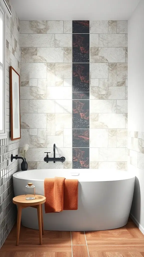 A modern bathroom featuring contrasting tile colors with a freestanding tub and wooden accents.