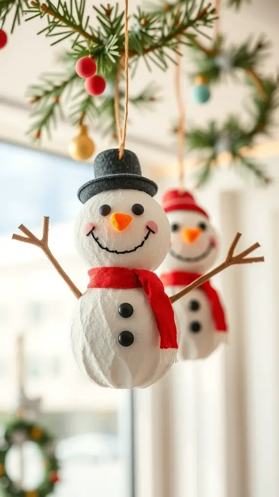 29+ Creative Christmas Ceiling Decoration Ideas to Festively Transform Your Home 16 DIY snowman decorations hanging from the ceiling, featuring cheerful snowmen with scarves and hats.