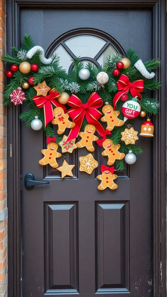 25+ Festive Christmas Swags Ideas for Your Front Door 11 A festive front door swag featuring gingerbread men, red bows, and holiday ornaments.