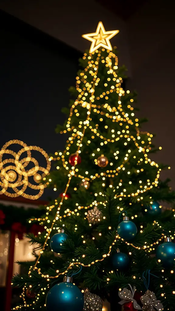 27+ Stunning Champagne Christmas Tree Ideas You Need to Try 12 A Christmas tree decorated with bubble-like lights, blue and silver ornaments, and a star on top.