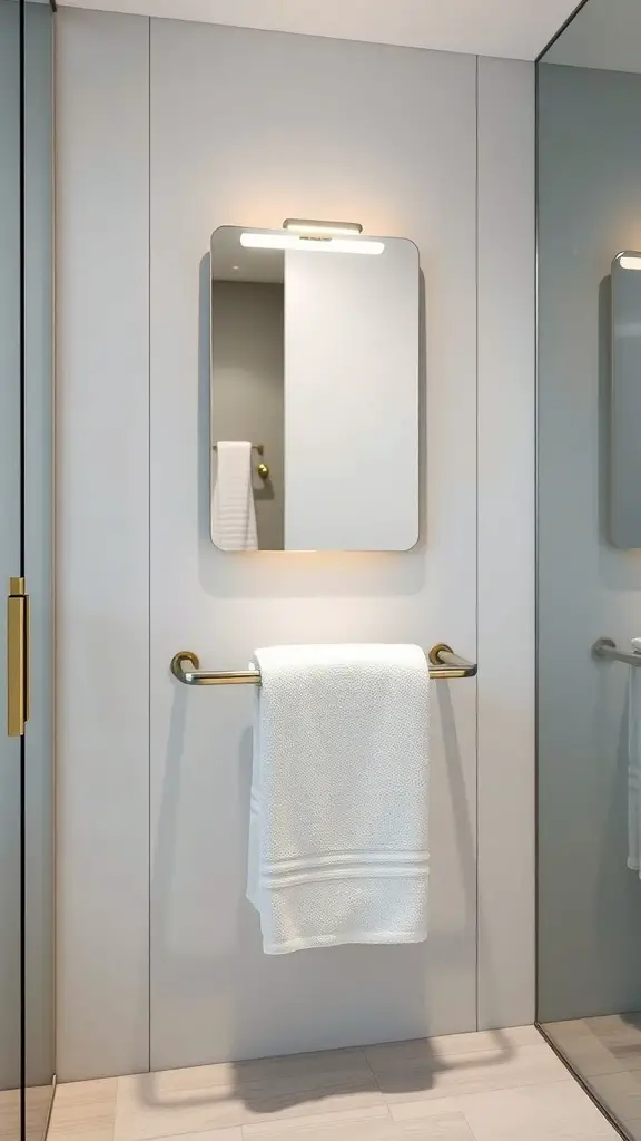 23+ Stylish Bathroom Towel Rack Ideas You’ll Love 13 A modern bathroom featuring a towel rack with a built-in mirror, showcasing a sleek design and subtle lighting.