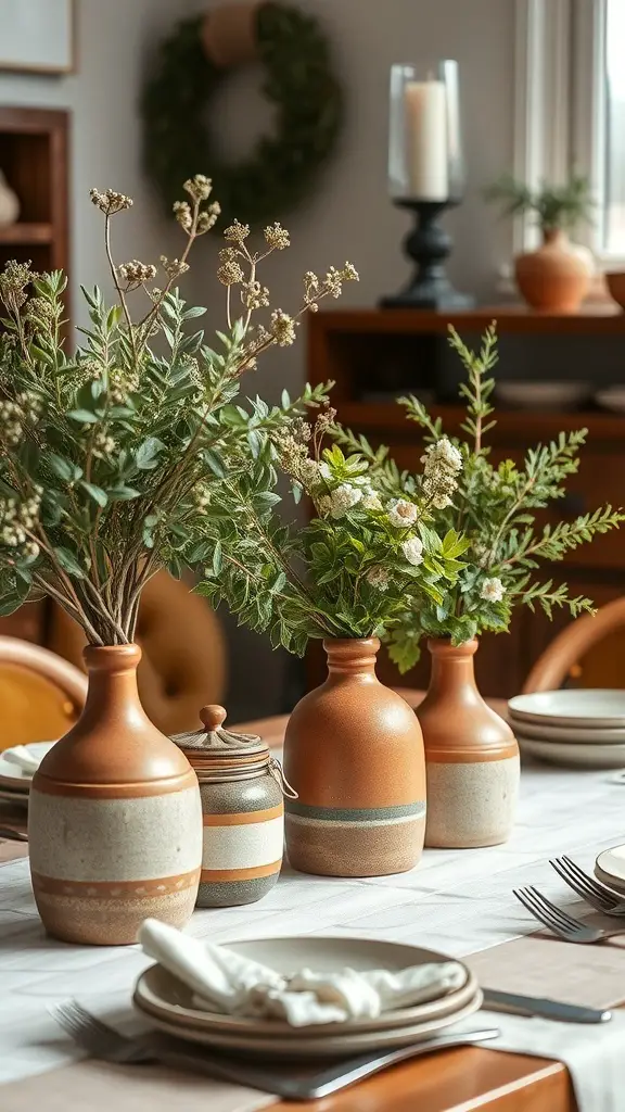 A table set with handcrafted pottery vases filled with greenery, showcasing a boho Christmas decor style.