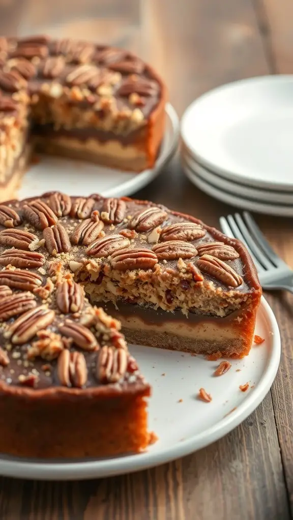 A slice of pecan pie cake on a plate, showcasing layers of cake and pecan filling, topped with whole pecans.