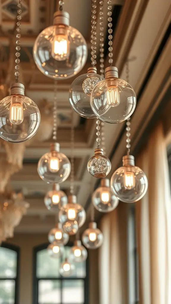 29+ Creative Christmas Ceiling Decoration Ideas to Festively Transform Your Home 13 A collection of hanging crystal orbs with warm light bulbs inside, creating a festive atmosphere.