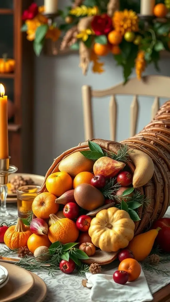25+ Creative Thanksgiving Crafts for Adults 13 A decorative cornucopia arrangement filled with colorful fruits and vegetables, symbolizing abundance for Thanksgiving.