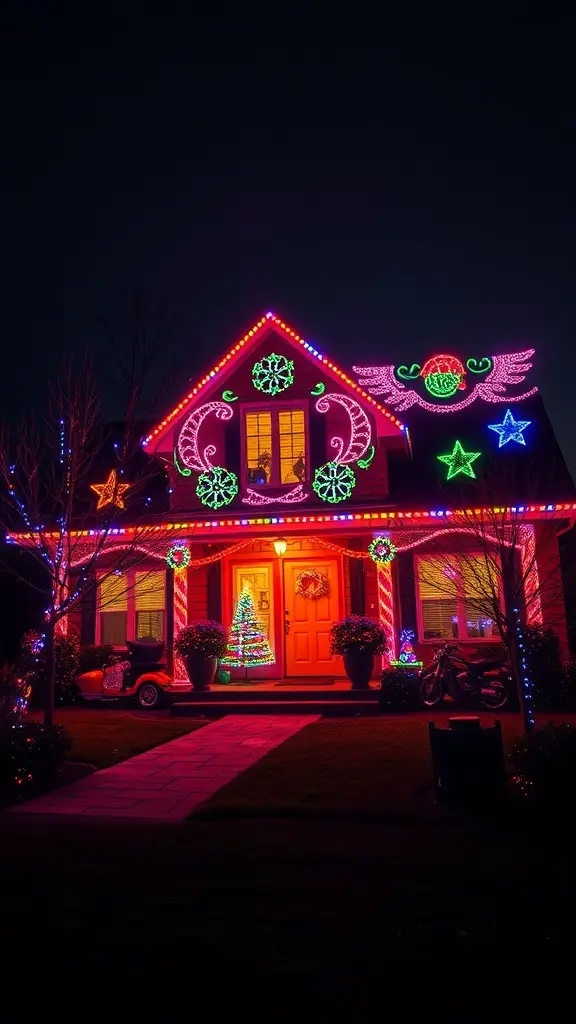 A house decorated with colorful Christmas lights, featuring a lit tree on the porch and various festive decorations.