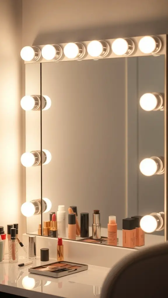 27+ Stylish Vanity Mirror Ideas to Elevate Your Space 16 A vanity mirror with integrated lighting and makeup products arranged on a table.