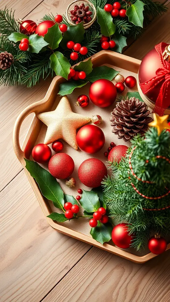 A festive Christmas tray with red ornaments, a golden star, pinecones, and green foliage.