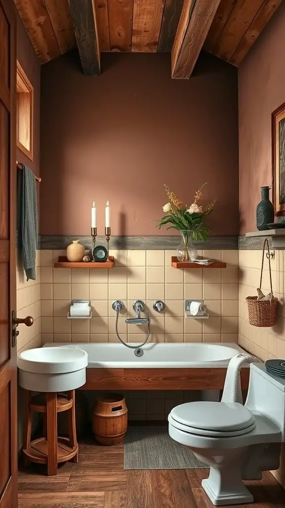 27+ Stunning Two-Tone Wall Paint Ideas to Transform Your Bathroom 15 A rustic bathroom featuring brown walls and cream tiles, with wooden accents and natural decor.