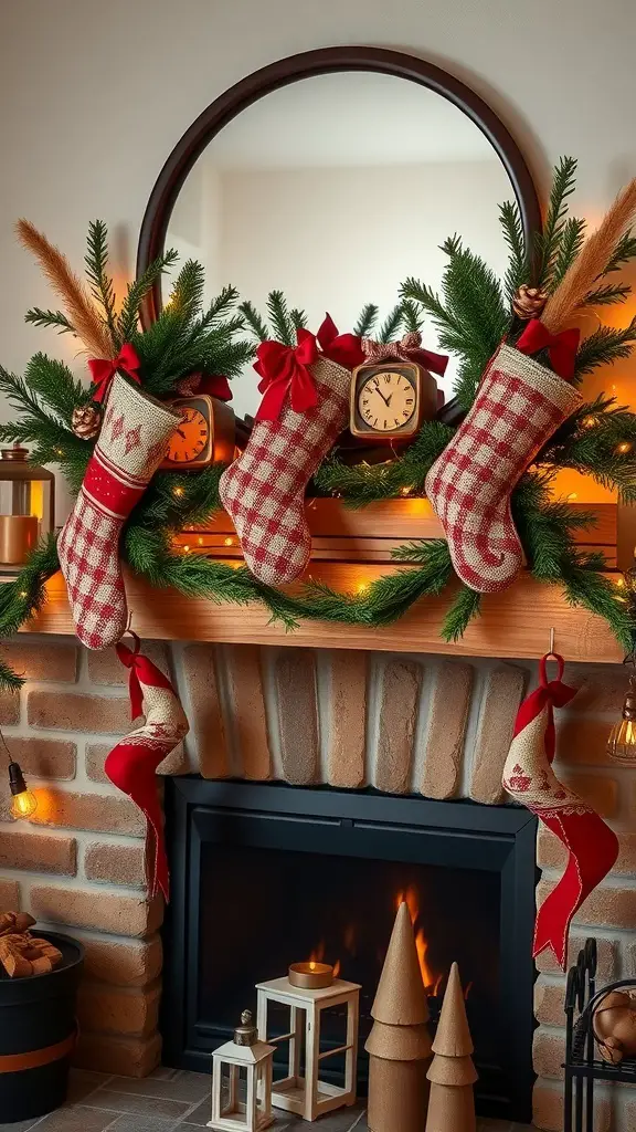 Rustic stockings hanging on a mantel decorated with greenery and lights