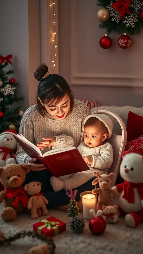 29+ Fun Christmas Activities for Babies to Celebrate the Holiday Season 3 A parent reading a book to a baby surrounded by plush toys and holiday decorations.