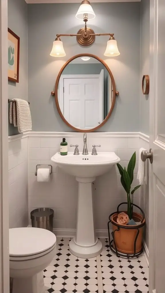 29+ Stunning Powder Room Ideas to Elevate Your Space 16 A vintage-inspired powder room with blue walls, white wainscoting, a round bronze-framed mirror, and a potted plant.