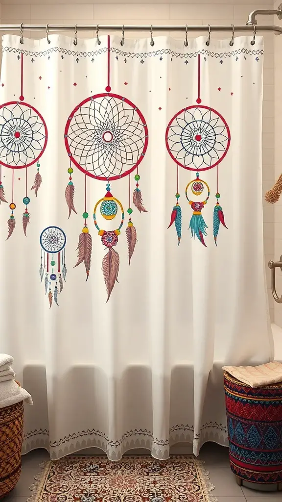25+ Stunning Boho Shower Curtain Ideas for a Unique Bathroom Decor 12 A shower curtain featuring colorful dreamcatchers with feathers and beads.