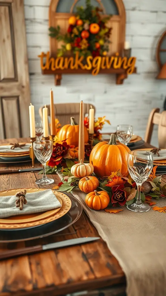 A rustic chic Thanksgiving table setting with pumpkins, leaves, and elegant tableware.