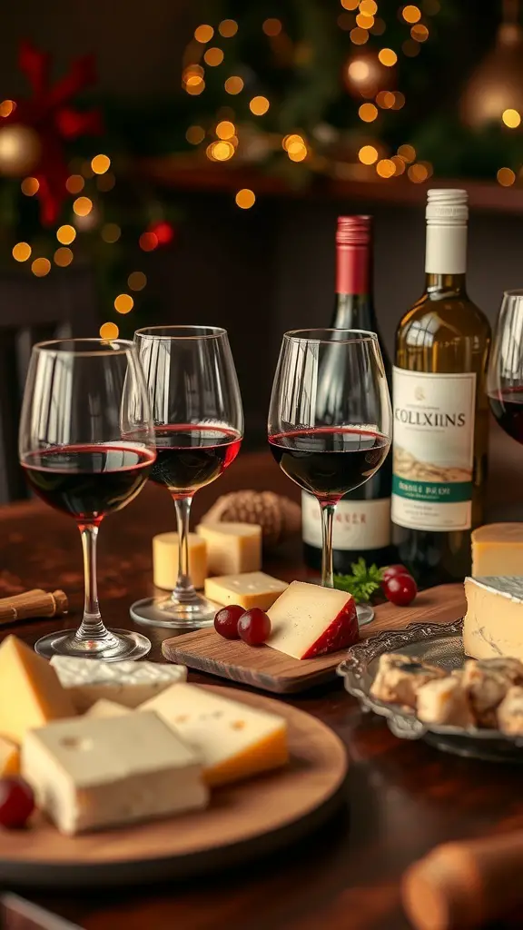 27+ Creative Christmas Party Ideas for Adults 5 A festive holiday wine tasting setup with glasses of red wine, cheese platters, and Christmas decorations.