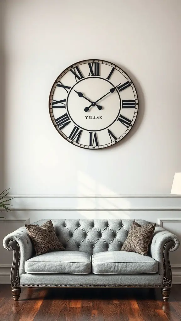 23+ Creative Above Sofa Wall Decor Ideas to Transform Your Space 5 Vintage wall clock above a light gray sofa with decorative pillows