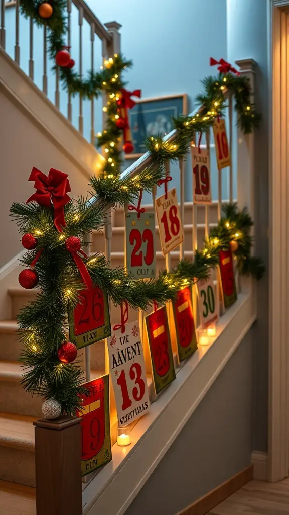 25+ Creative Christmas Staircase Decor Ideas to Transform Your Home 16 A staircase decorated with an Advent calendar display, featuring colorful boxes and festive garlands.
