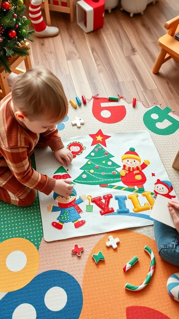 27+ Fun Christmas Activities for Toddlers 16 A toddler working on a colorful Christmas puzzle on a festive rug.