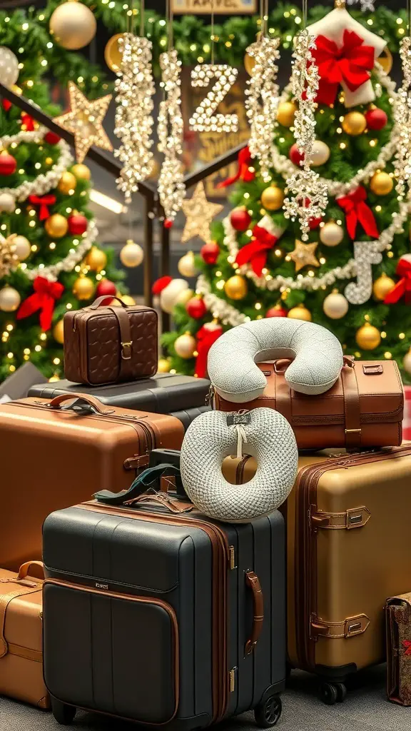29+ Must-Have Christmas Wishlist Ideas for Everyone 12 A collection of stylish travel accessories including suitcases, a travel pillow, and a weekender bag, set against a festive Christmas backdrop.