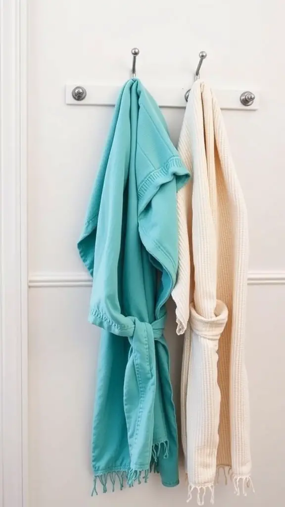 23+ Stylish Bathroom Towel Rack Ideas You’ll Love 11 Towels hanging on hooks in a bathroom