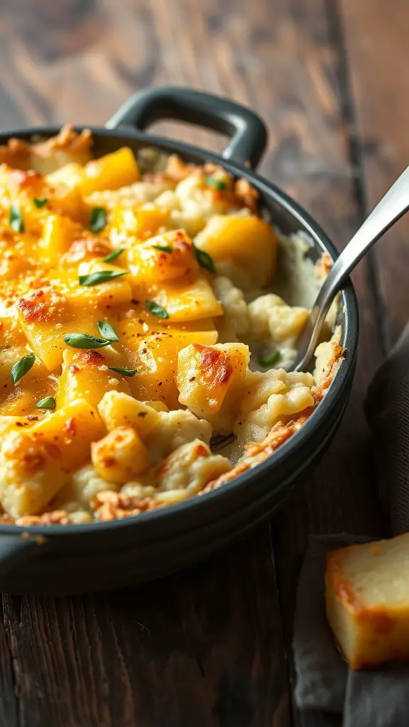 31+ Delightful Christmas Eve Food Ideas for a Festive Celebration 16 A creamy potato gratin in a black dish, topped with melted cheese and herbs.