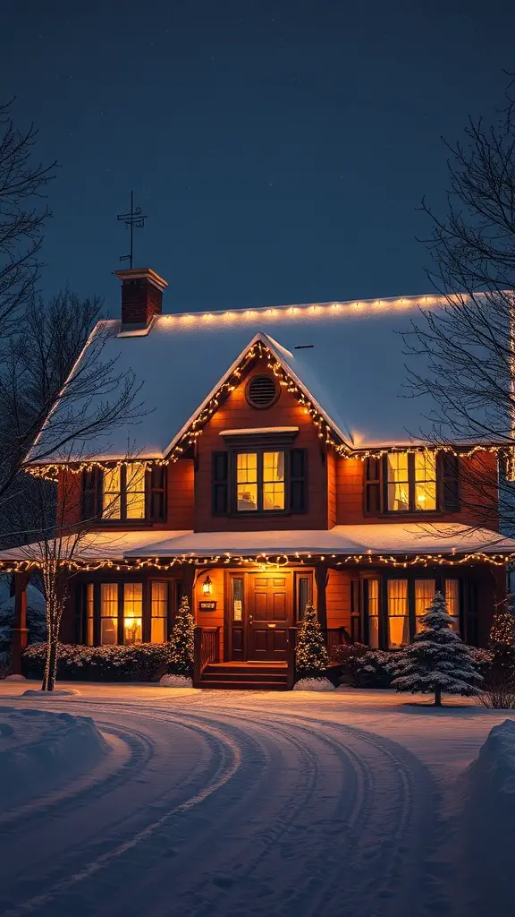 27+ Stunning Roof Christmas Light Ideas to Brighten Your Holidays 4 A cozy house decorated with Christmas lights on the roof, surrounded by snow.