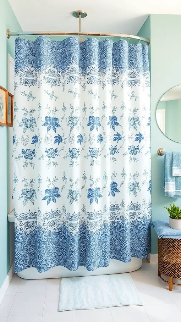 Artistic shower curtain with blue and white floral pattern in a small bathroom