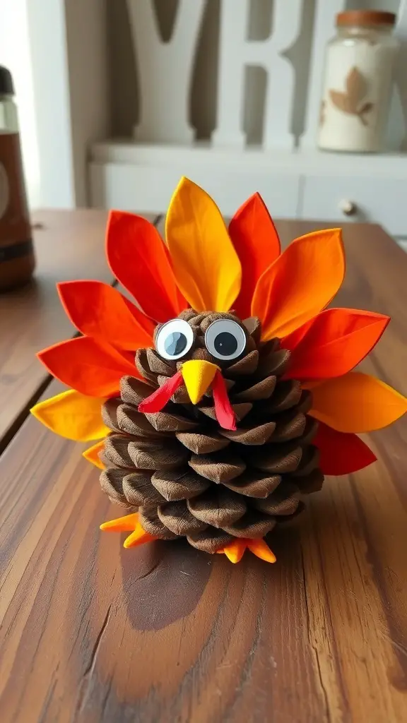 27+ Creative Thanksgiving Crafts for Preschoolers 5 A colorful pinecone turkey decoration with googly eyes and paper feathers.