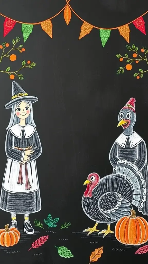 Chalkboard art featuring a Pilgrim girl and a turkey, surrounded by autumn leaves and pumpkins.